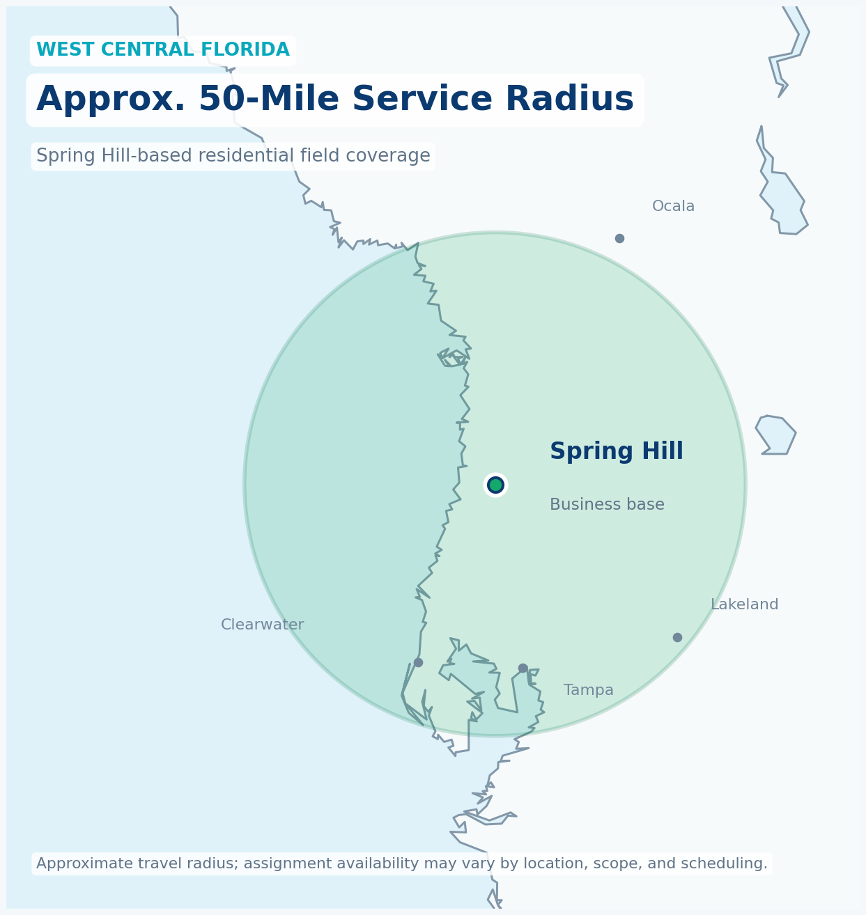 Map showing an approximate 50-mile service radius centered on Spring Hill, Florida